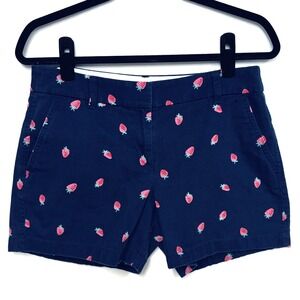 J Crew Factory Size 6 Navy Strawberry Print Shorts Cotton Chino Preppy 5" Inseam